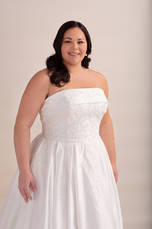 Strapless Satin Ball Gown Wedding Dress with Lace Appliqué Bodice