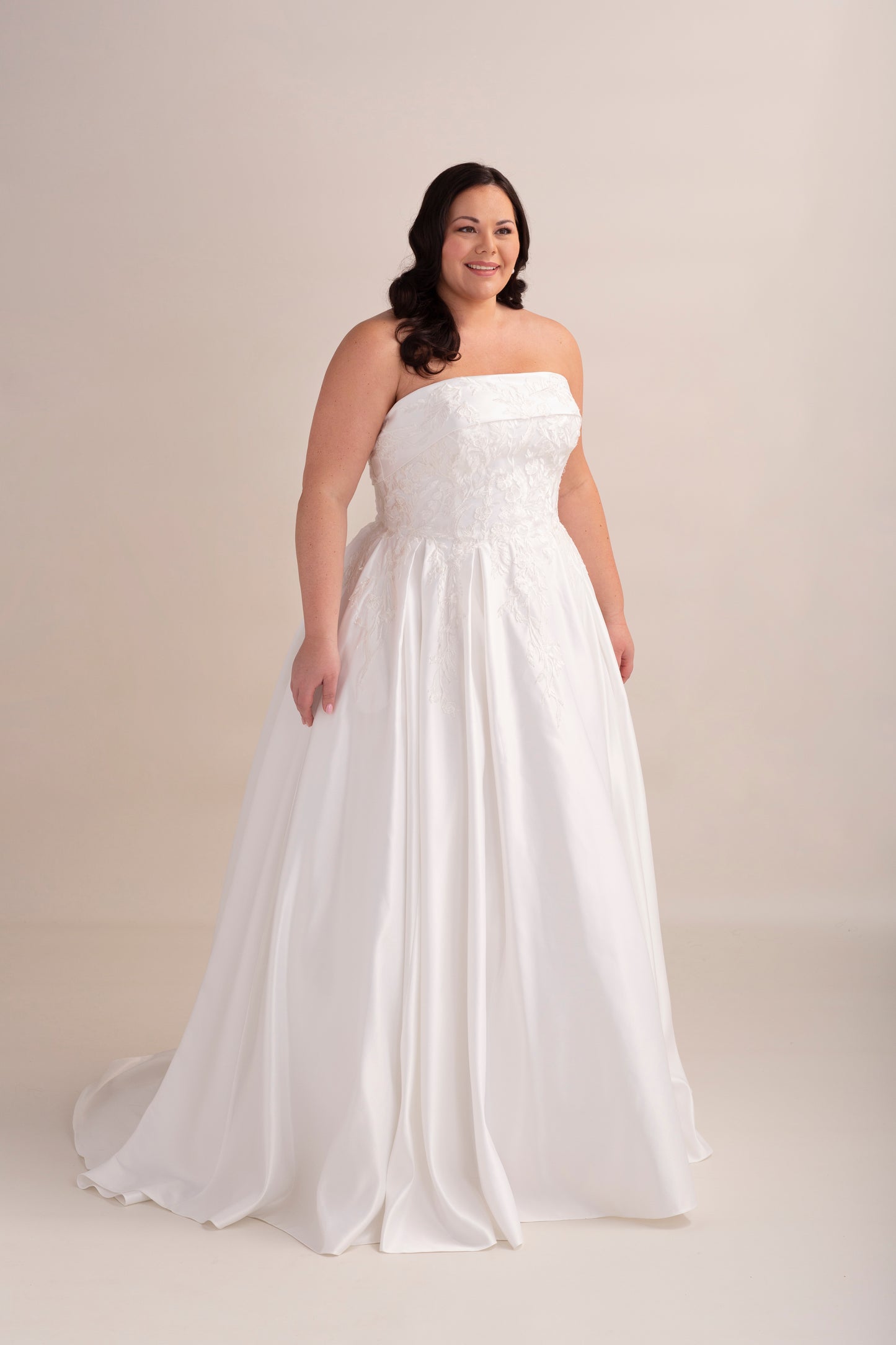 Strapless Satin Ball Gown Wedding Dress with Lace Appliqué Bodice
