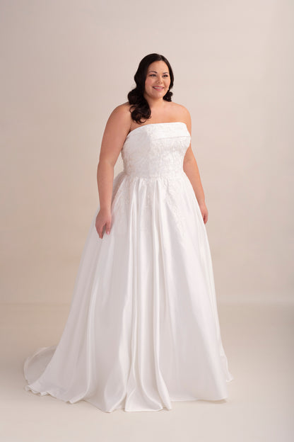 Strapless Satin Ball Gown Wedding Dress with Lace Appliqué Bodice