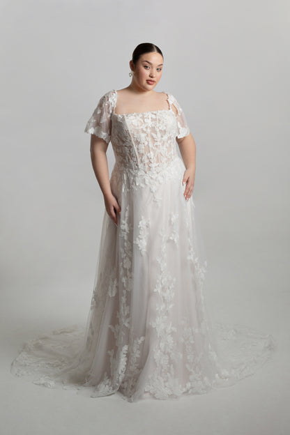 Lace bodice with detachable flutter sleeves, A-line skirt