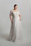 Lace bodice with detachable flutter sleeves, A-line skirt