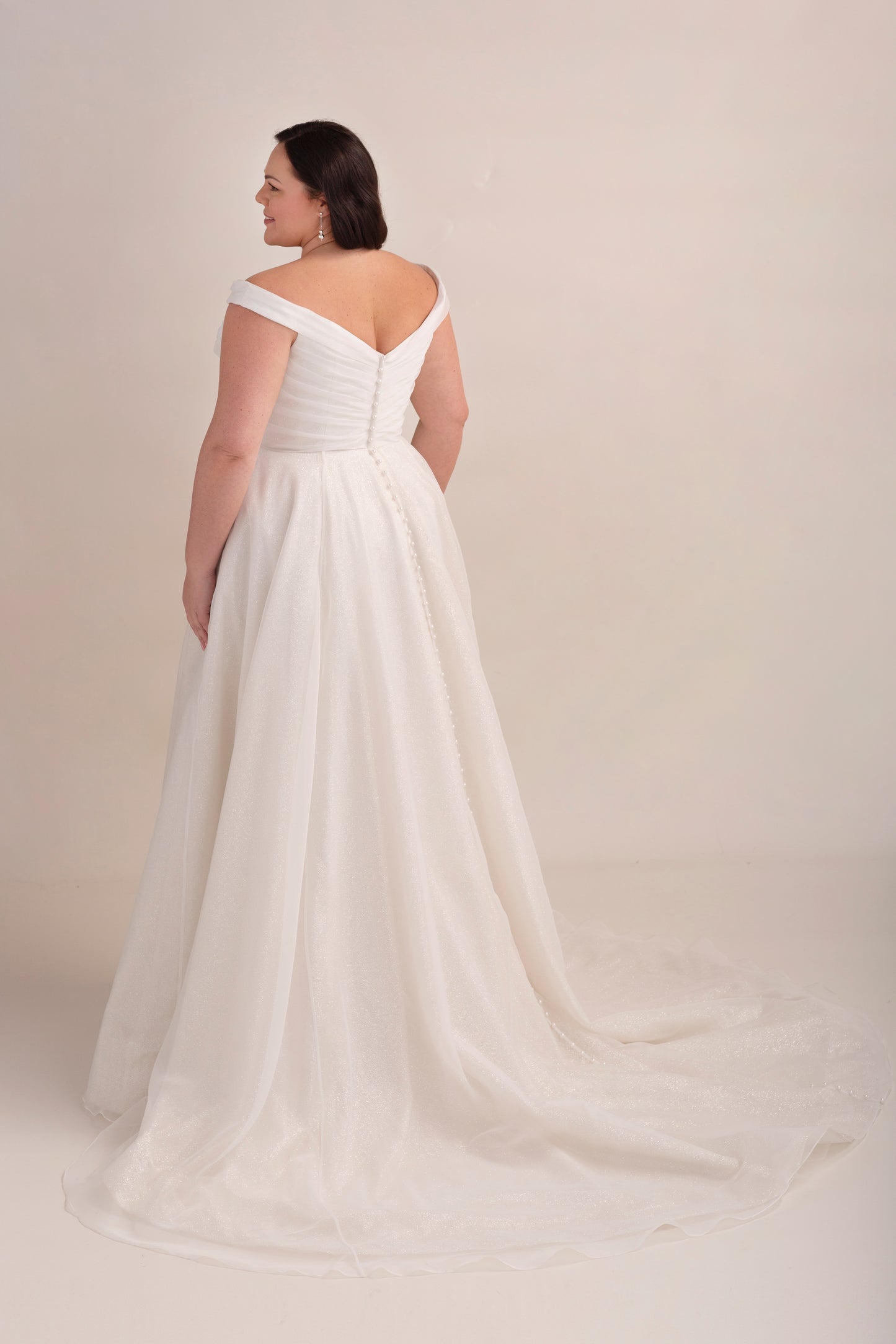 Glitter and Organza A-Line Wedding Gown with Ruched Bodice and Bardot
