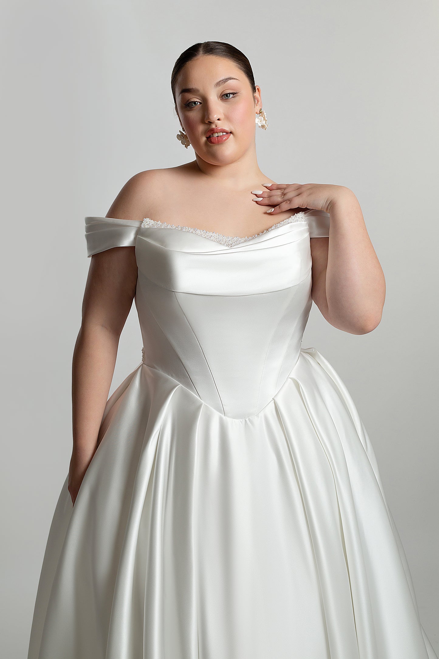 Drape front bodice with pearl detailing sheer back