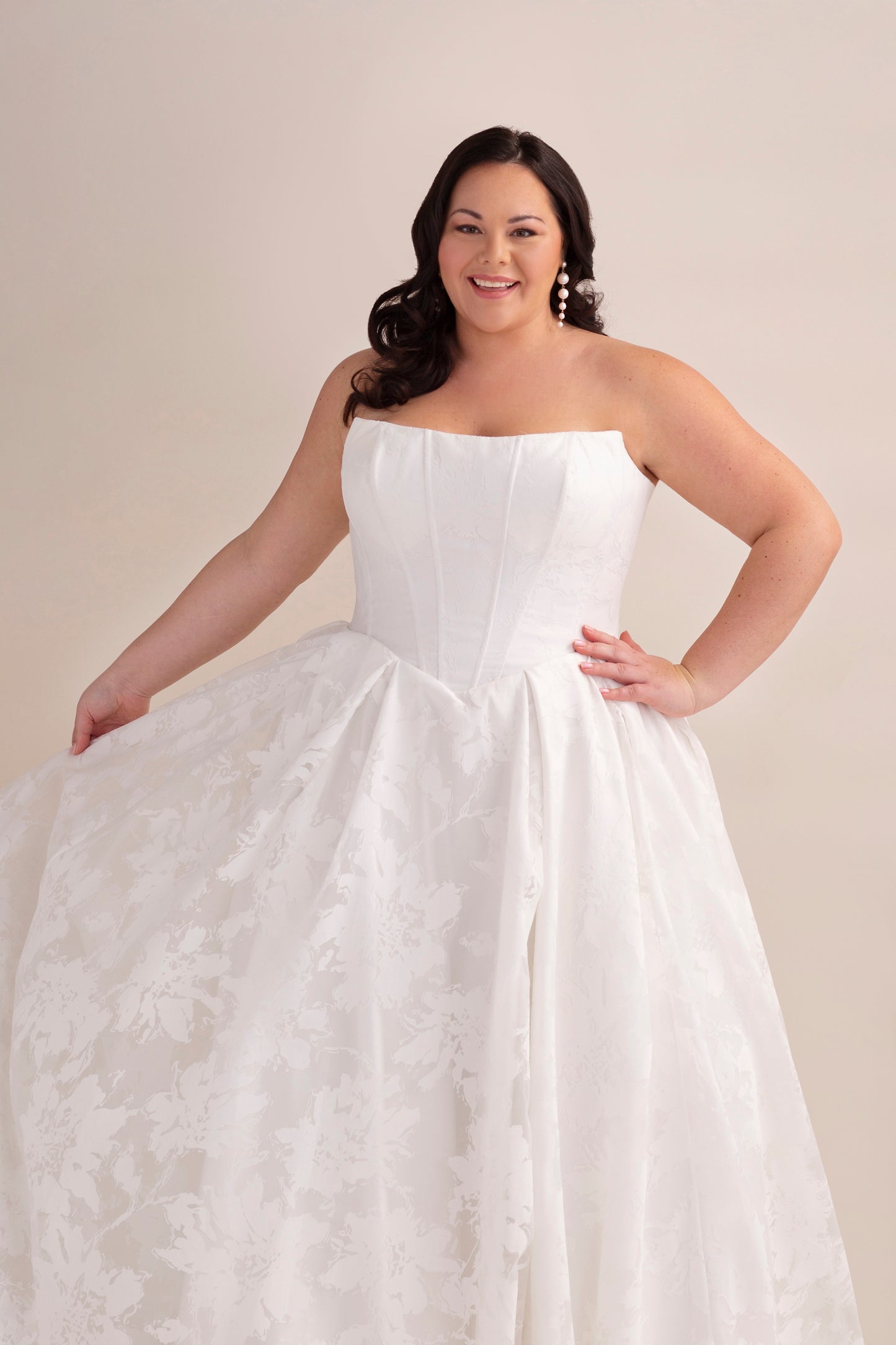 Printed Organza Ball Gown Wedding Dress with Cat Eye Neckline, V Waist