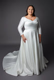 Satin Gown Pleating bodice wedding dress with long sleeves and full skirt