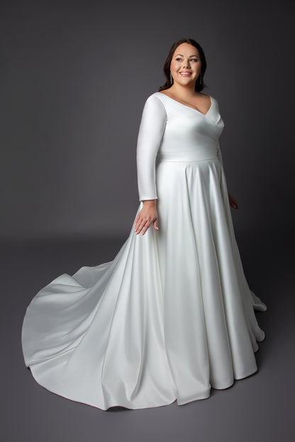 Satin Gown Pleating bodice wedding dress with long sleeves and full skirt