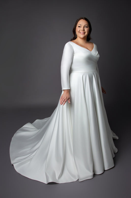 Satin Gown Pleating bodice wedding dress with long sleeves and full skirt