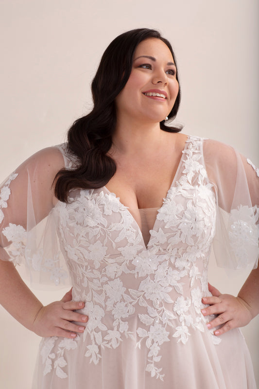 Lace A-Line Wedding Gown with Deep Plunge Neckline and Detachable Sleeves