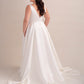 Satin A-Line Wedding Gown with Deep Plunge Neckline and Curved Bodice