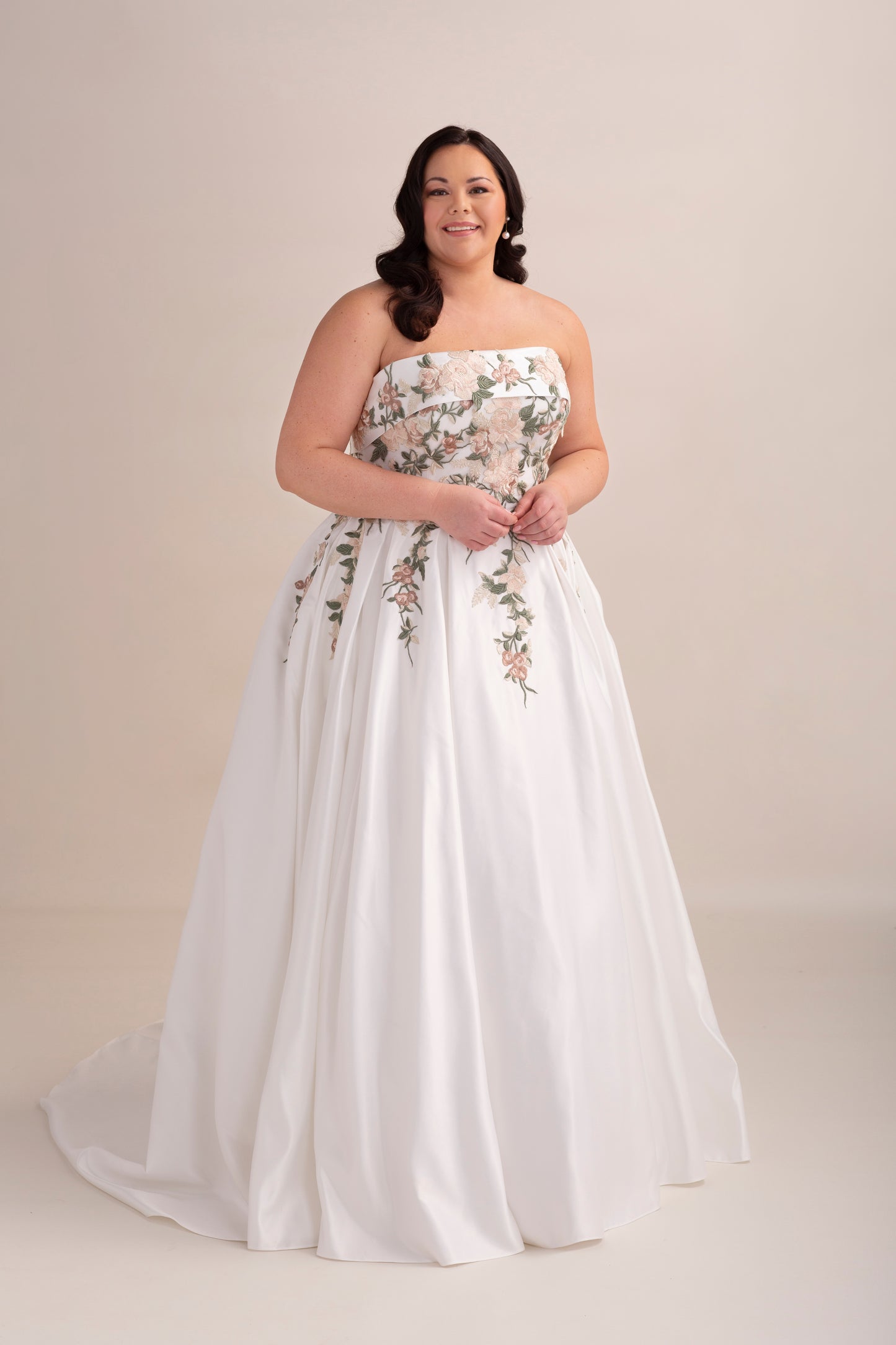 Strapless Satin Ball Gown Wedding Dress with Embroidered Bodice