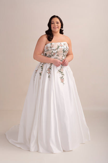 Strapless Satin Ball Gown Wedding Dress with Embroidered Bodice
