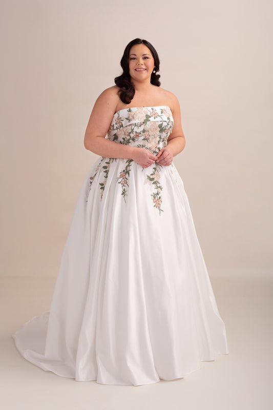 Strapless Satin Ball Gown Wedding Dress with Embroidered Bodice