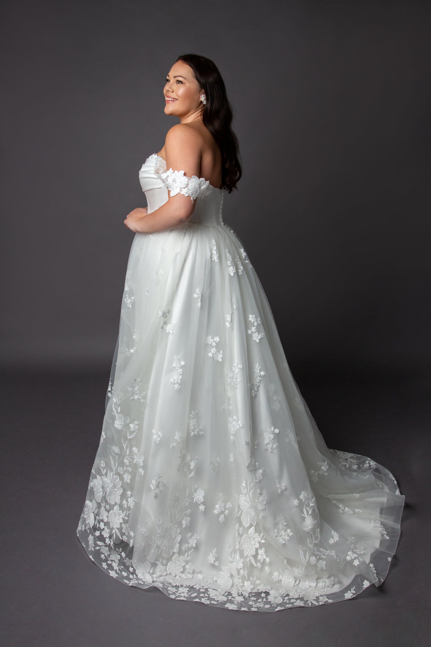 Trailing beaded lace wedding dress with soft scoop neckline drop shoulder