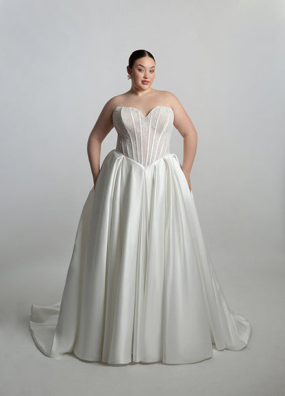 Fully boned lace strapless bodice with box pleated skirt