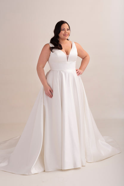 Satin A-Line Wedding Gown with Deep Plunge Neckline and Curved Bodice