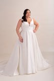 Satin A-Line Wedding Gown with Deep Plunge Neckline and Curved Bodice