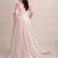 Lace A-Line Wedding Gown with Deep Plunge Neckline and Detachable Sleeves