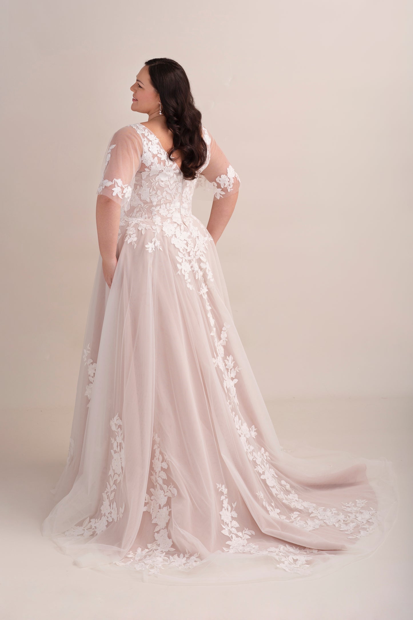 Lace A-Line Wedding Gown with Deep Plunge Neckline and Detachable Sleeves