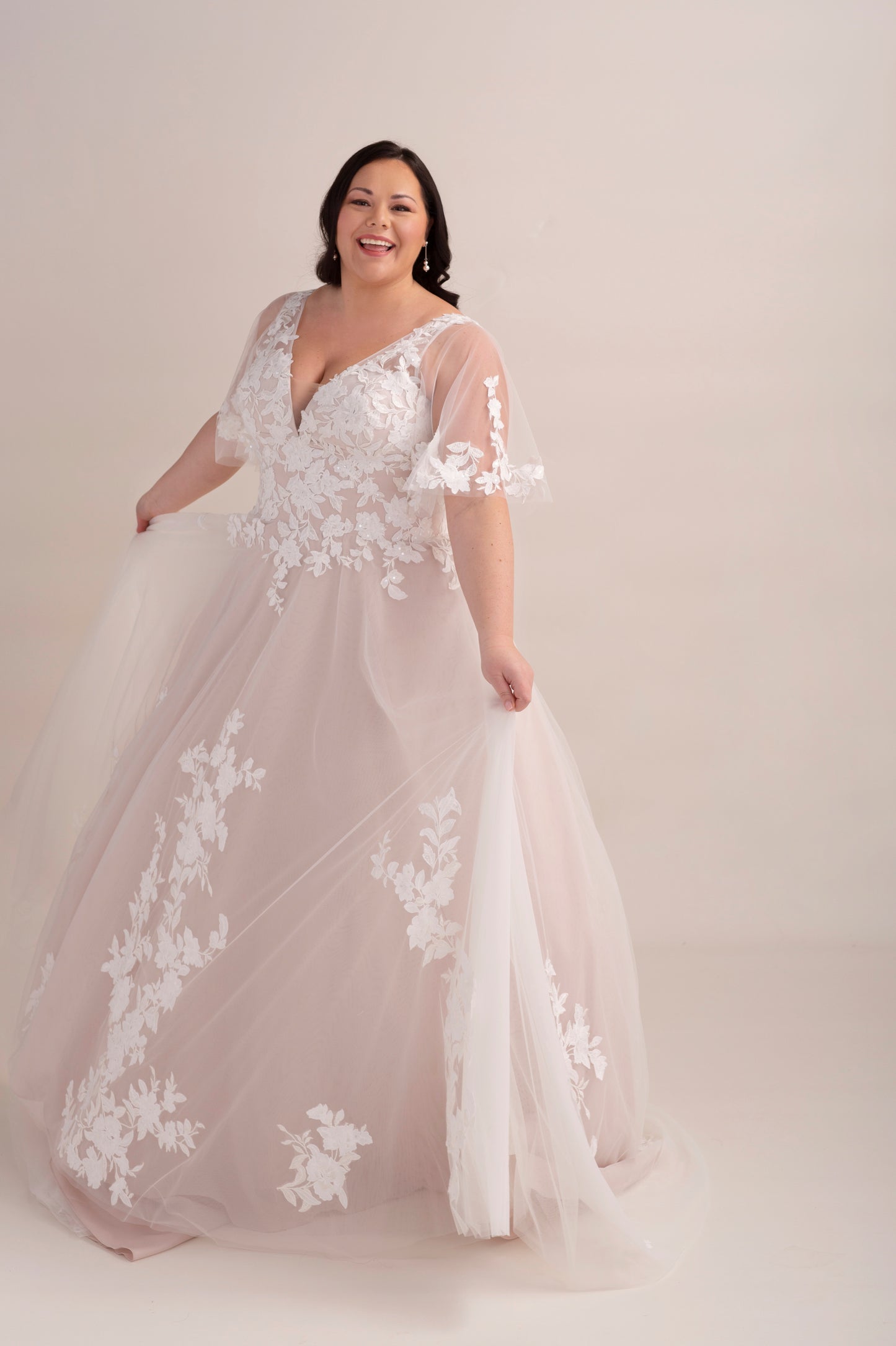 Lace A-Line Wedding Gown with Deep Plunge Neckline and Detachable Sleeves