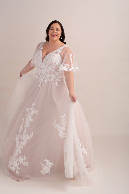 Lace A-Line Wedding Gown with Deep Plunge Neckline and Detachable Sleeves