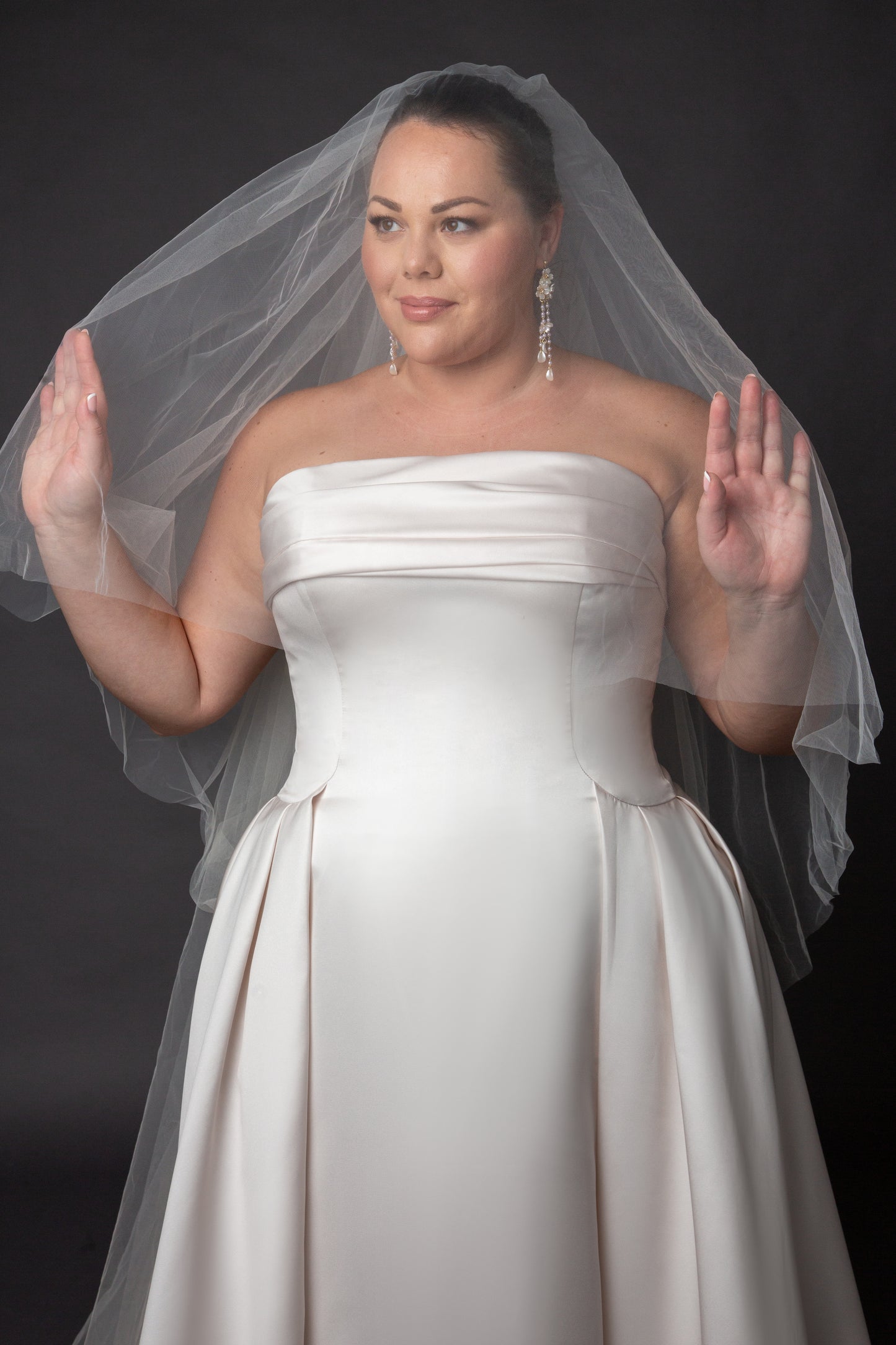 Slim Aline wedding dress with pleats on side cuff detail on bustline