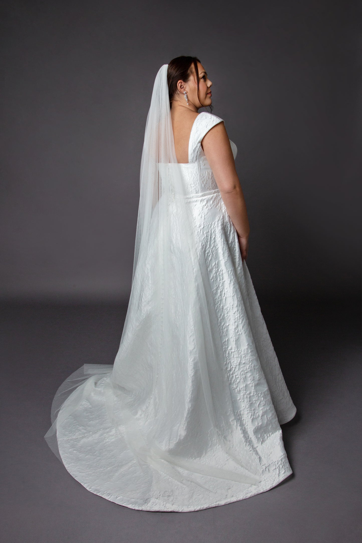 Aline wedding dress with square neckline cap sleeves