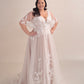 Lace A-Line Wedding Gown with Deep Plunge Neckline and Detachable Sleeves