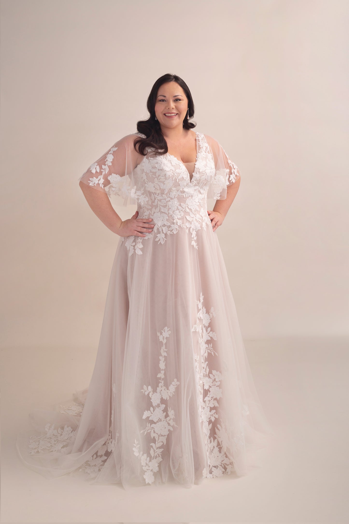Lace A-Line Wedding Gown with Deep Plunge Neckline and Detachable Sleeves