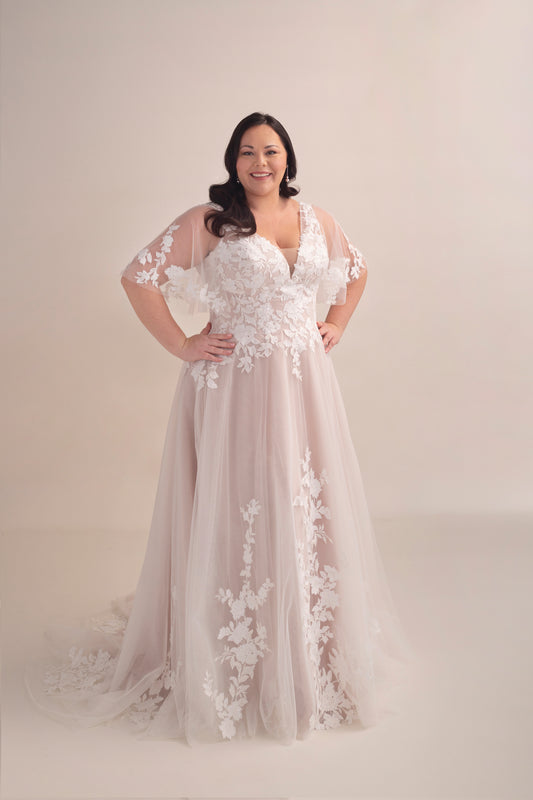 Lace A-Line Wedding Gown with Deep Plunge Neckline and Detachable Sleeves