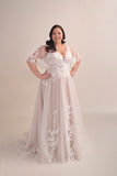 Lace A-Line Wedding Gown with Deep Plunge Neckline and Detachable Sleeves