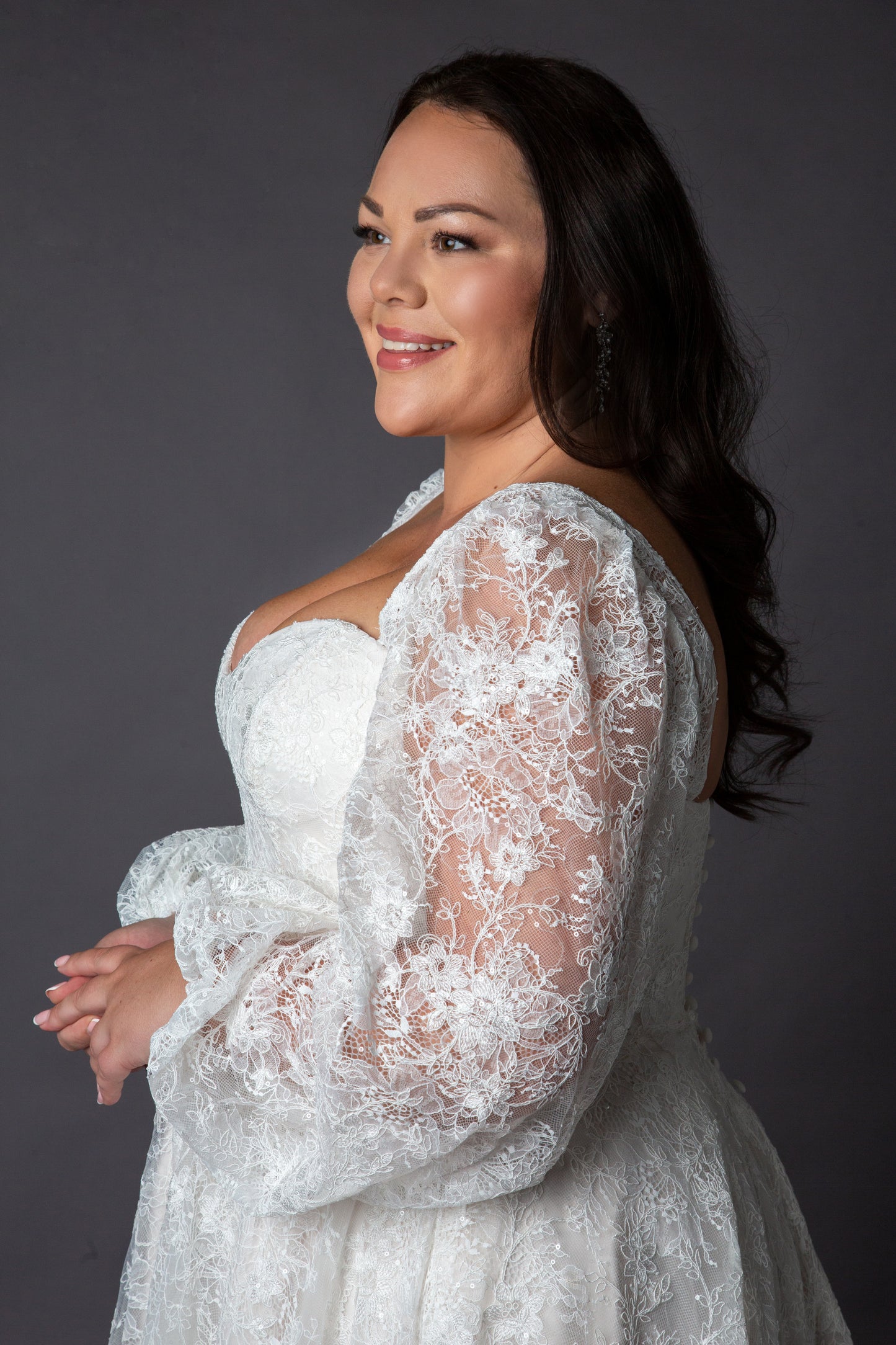 Lace bodice wedding dress with lace balloon sleeves full circular skirt