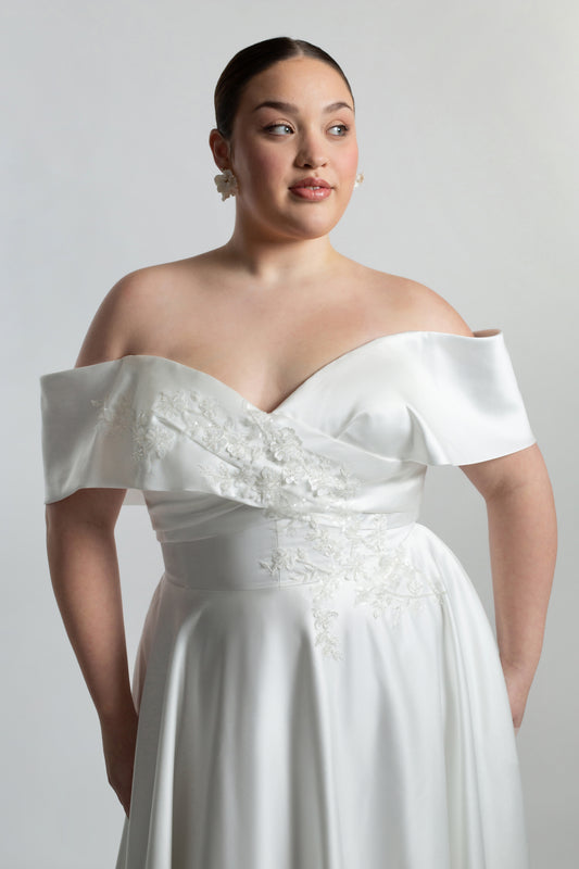 Bardot crossover neckline with trailing lace on bodice, full circular SKT