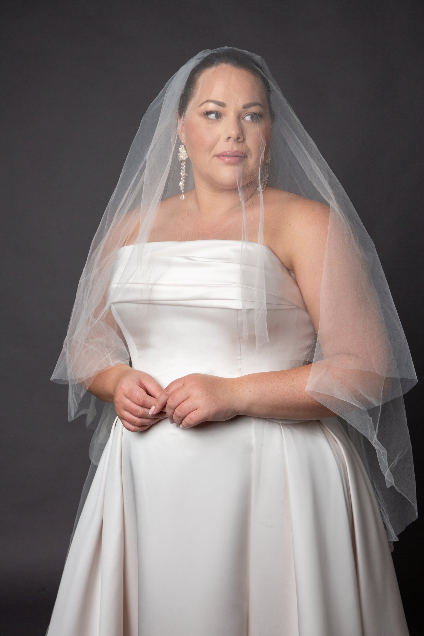 Slim Aline wedding dress with pleats on side cuff detail on bustline