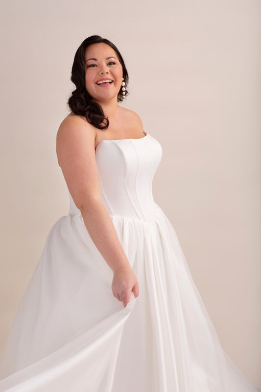 Mikado Ball Gown Wedding Dress with Cat Eye Neckline, Basque V Waist