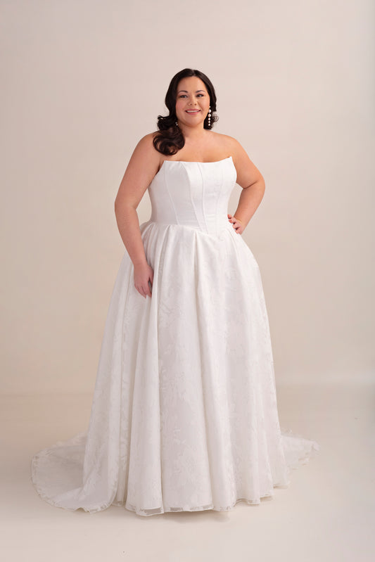 Printed Organza Ball Gown Wedding Dress with Cat Eye Neckline, V Waist