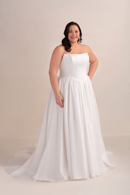 Mikado Ball Gown Wedding Dress with Cat Eye Neckline, Basque V Waist