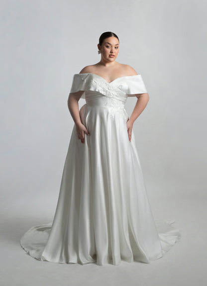 Bardot crossover neckline with trailing lace on bodice, full circular SKT