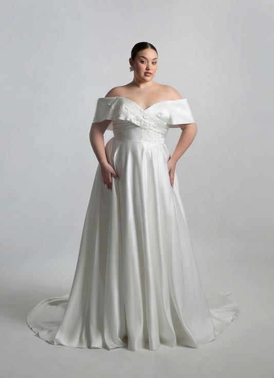 Bardot crossover neckline with trailing lace on bodice, full circular SKT