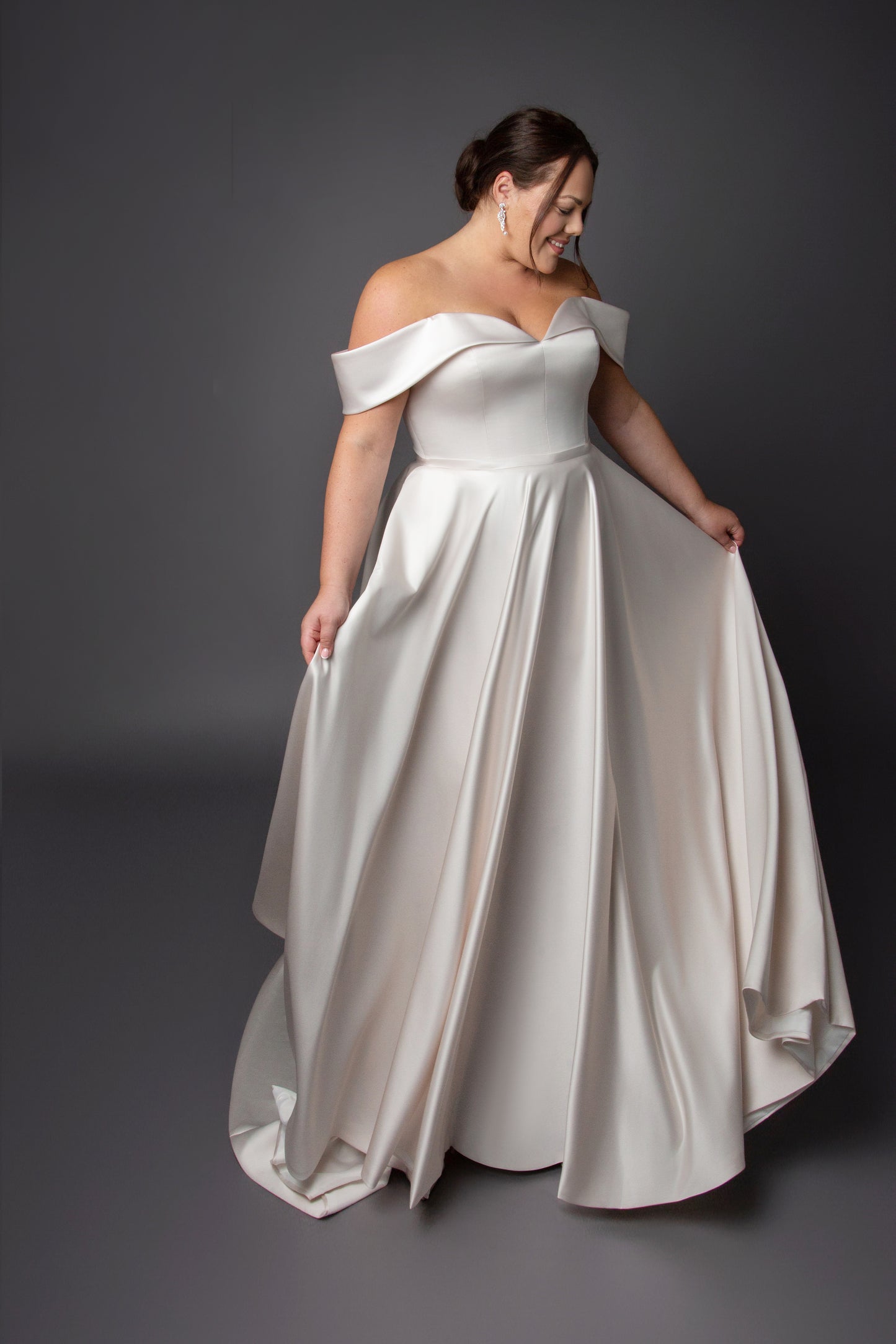 Satin A-line gown neckline with full circular skirt