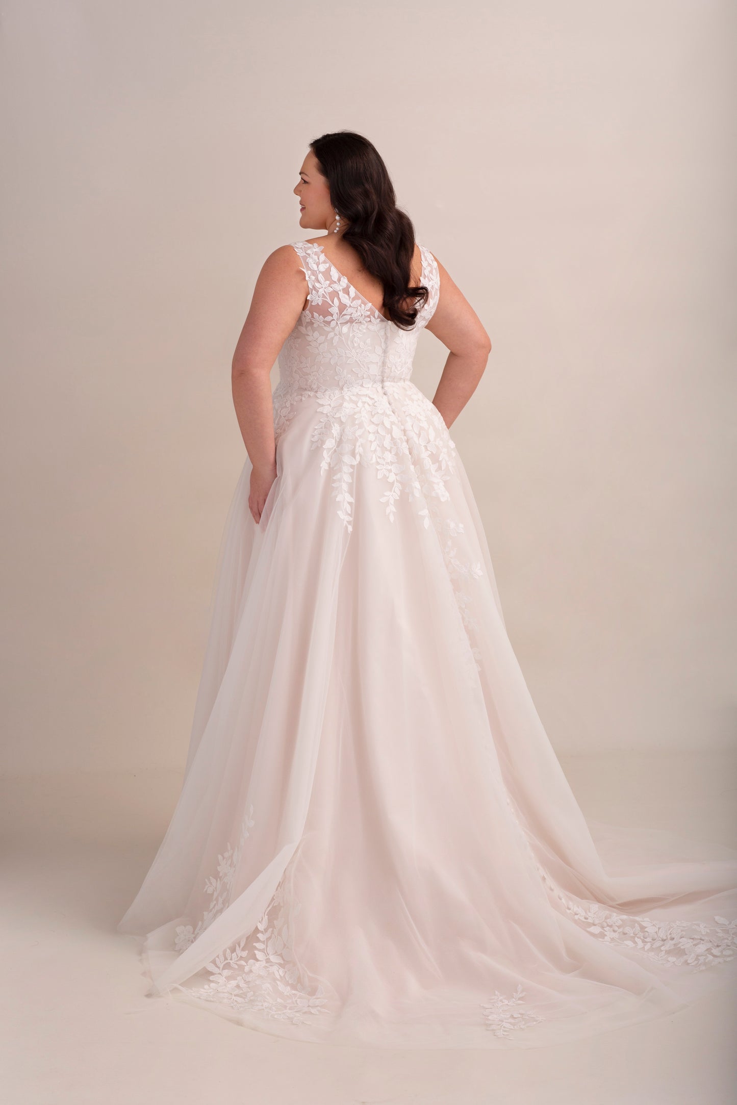 Lace and Tulle A-Line Wedding Gown with Lace Appliqué and Deep Plunge