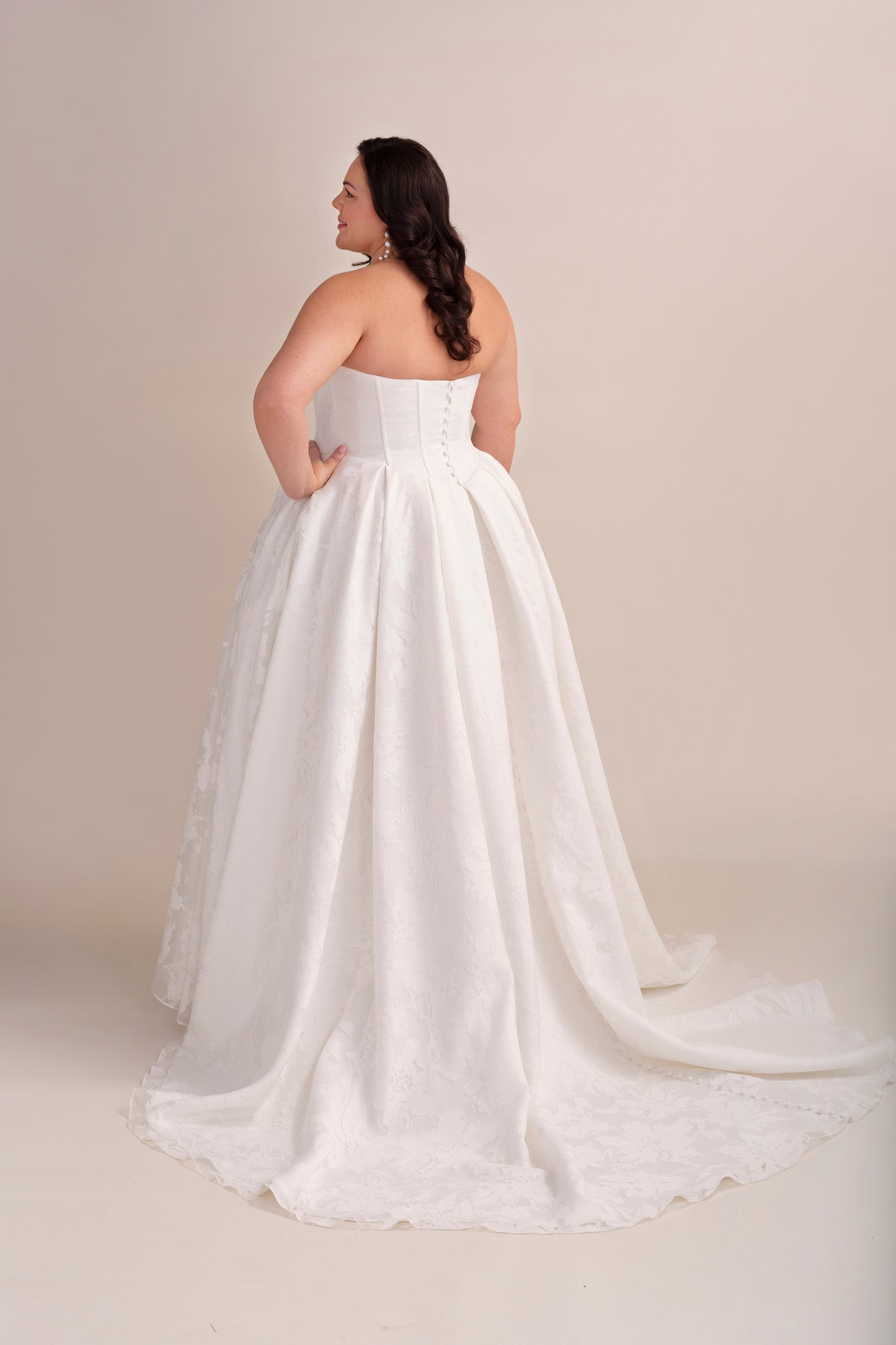 Printed Organza Ball Gown Wedding Dress with Cat Eye Neckline, V Waist