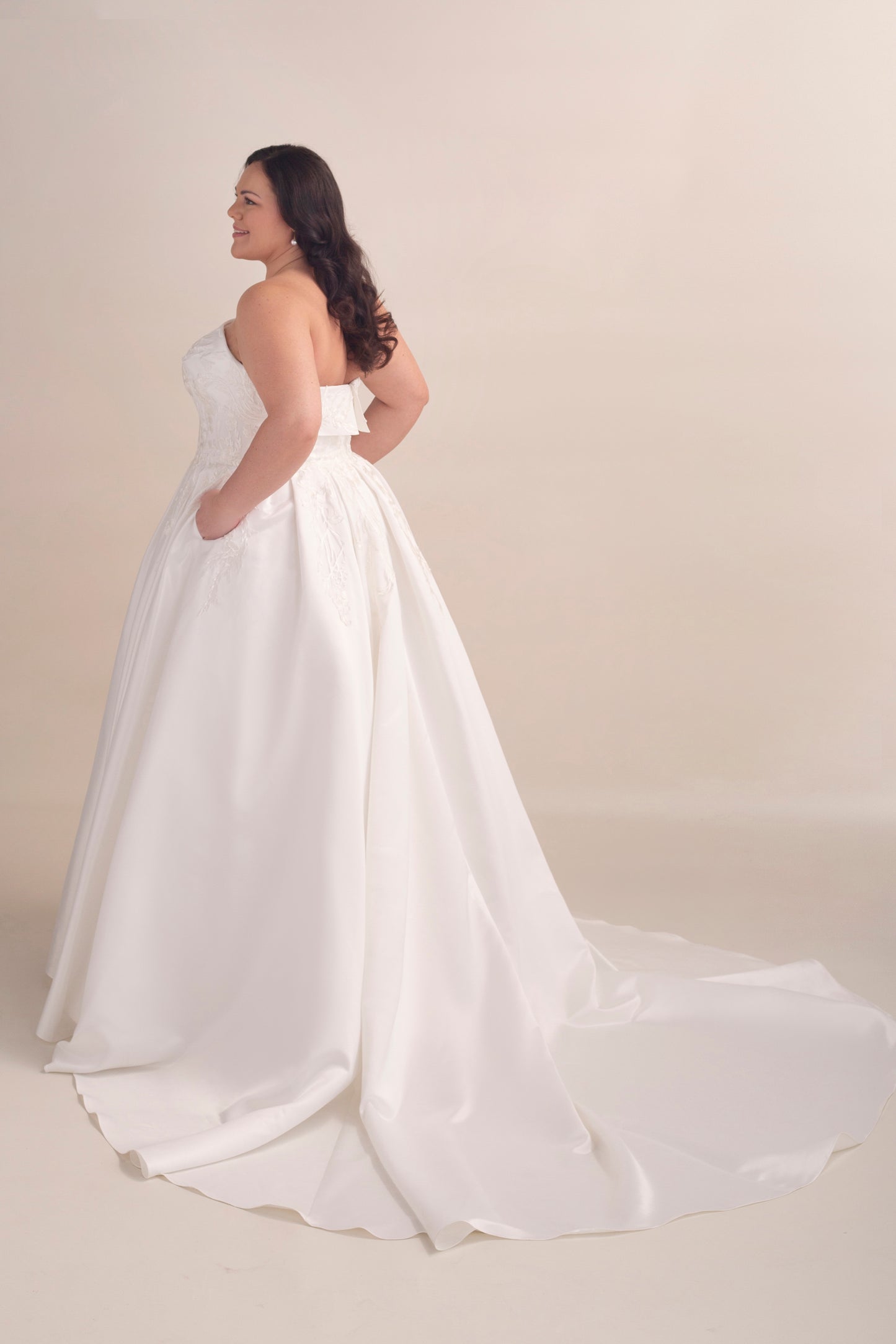 Strapless Satin Ball Gown Wedding Dress with Lace Appliqué Bodice