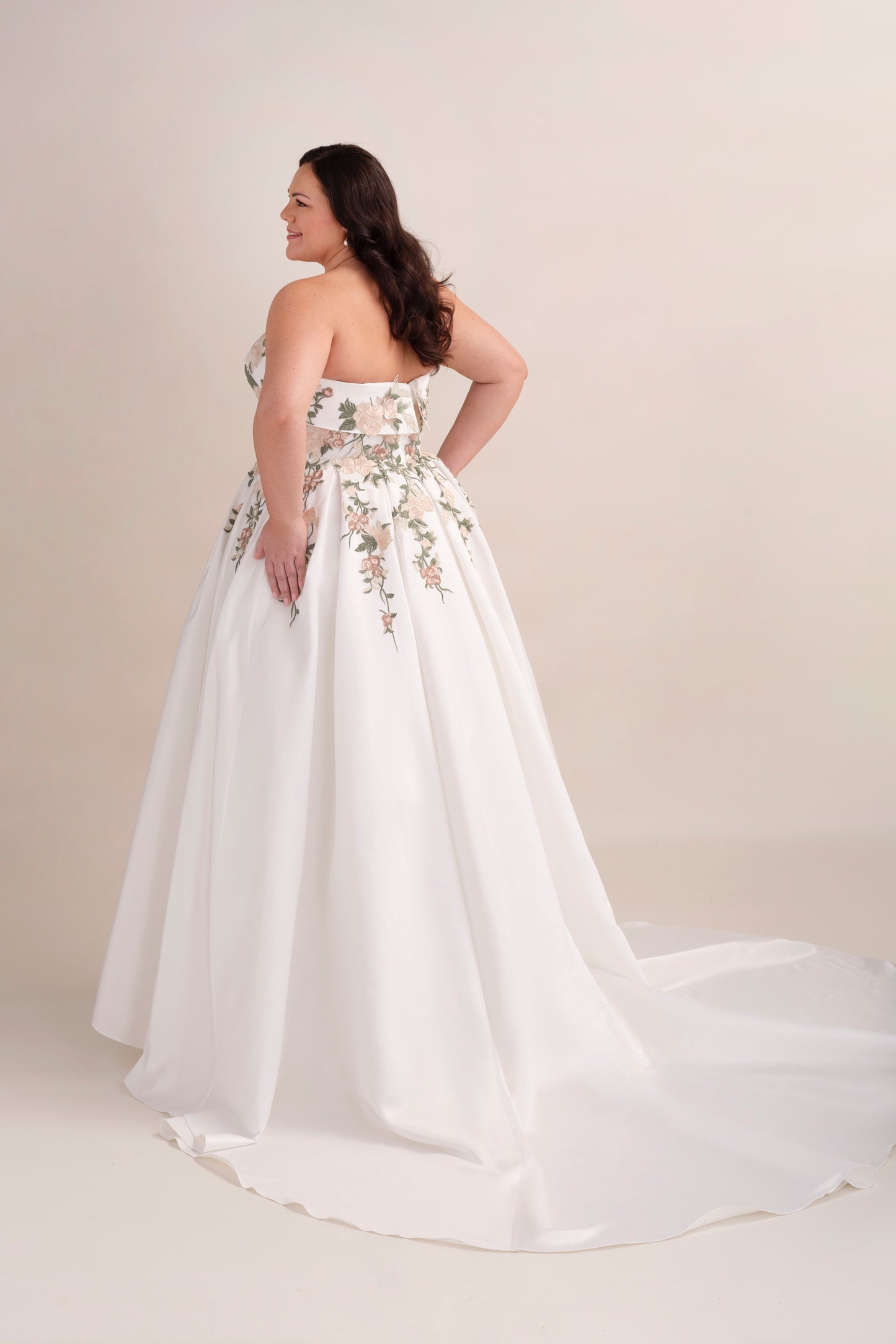 Strapless Satin Ball Gown Wedding Dress with Embroidered Bodice