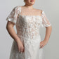 Lace bodice with detachable flutter sleeves, A-line skirt