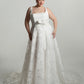 Square neckline bodice with bow detail on waistline, A-line skirt