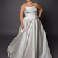 Ruched bustline wedding dress with lace details on bodice