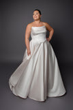 Ruched bustline wedding dress with lace details on bodice