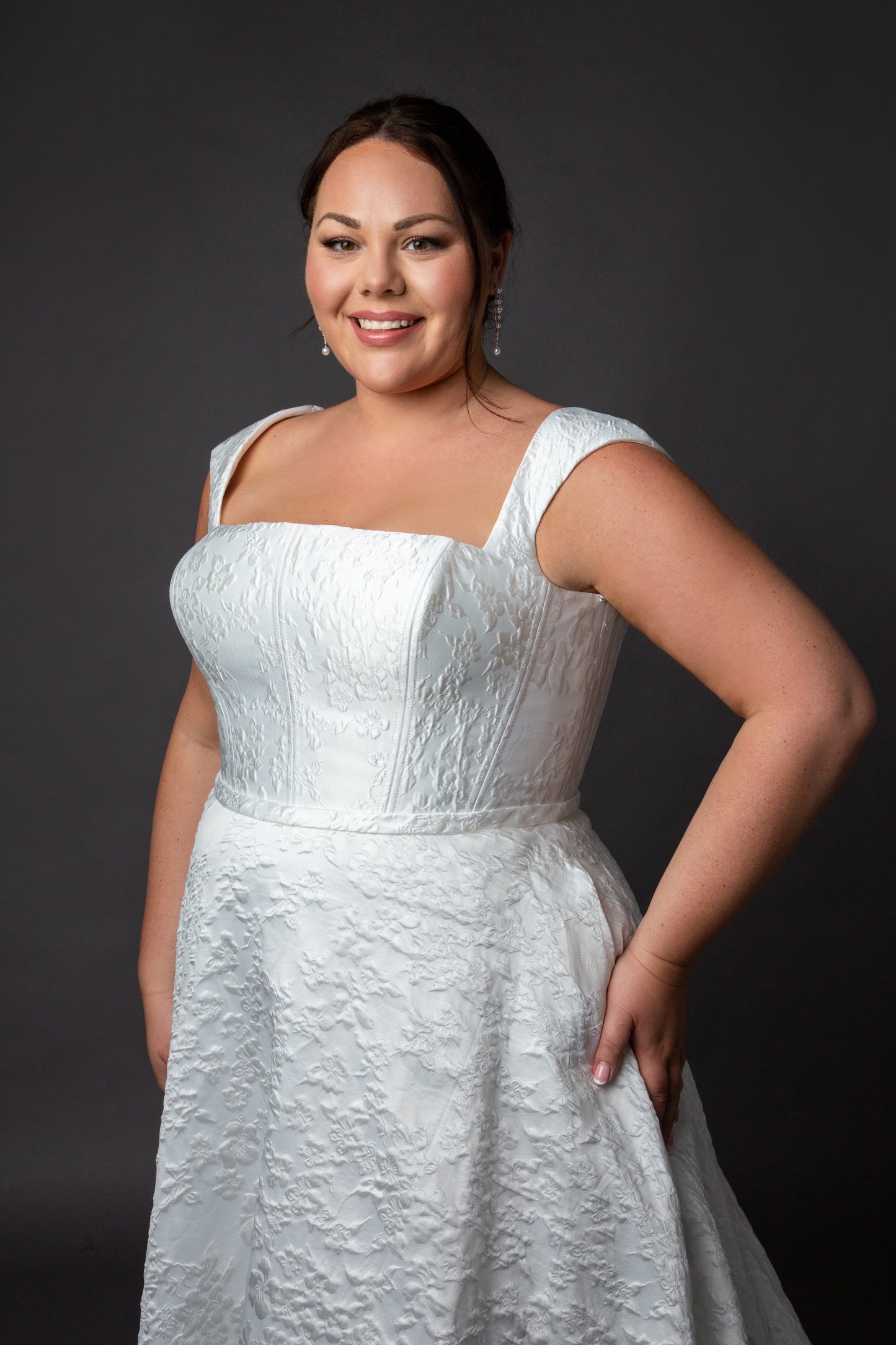 Aline wedding dress with square neckline cap sleeves