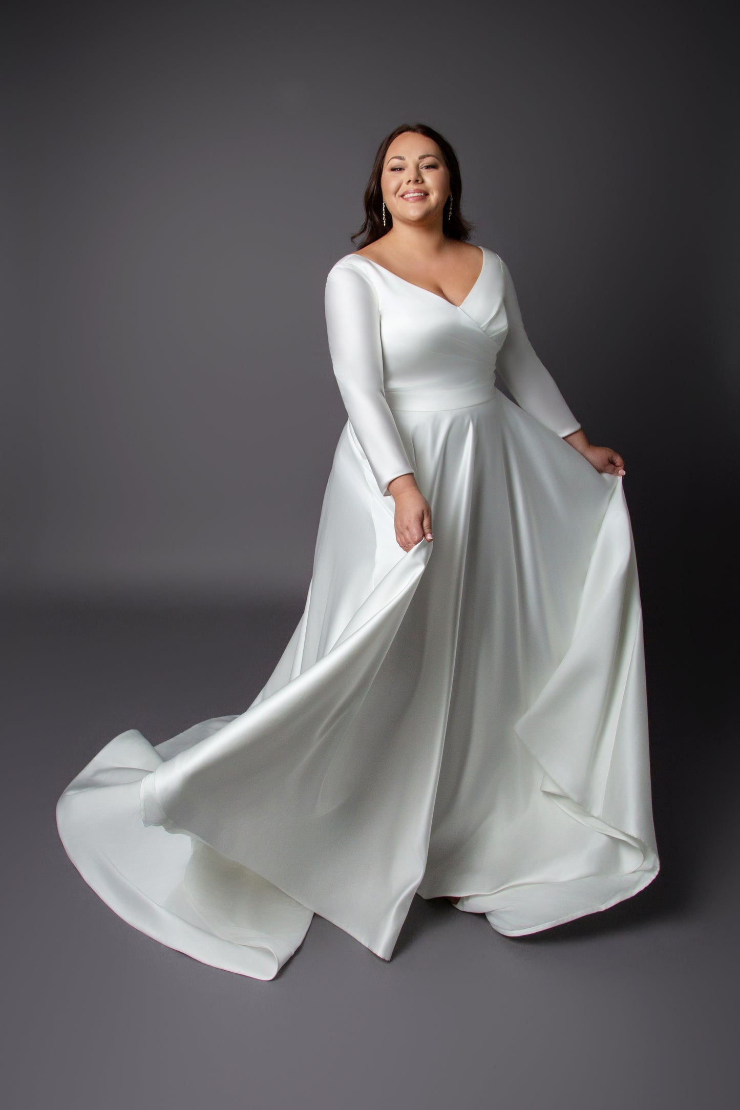 Satin Gown Pleating bodice wedding dress with long sleeves and full skirt