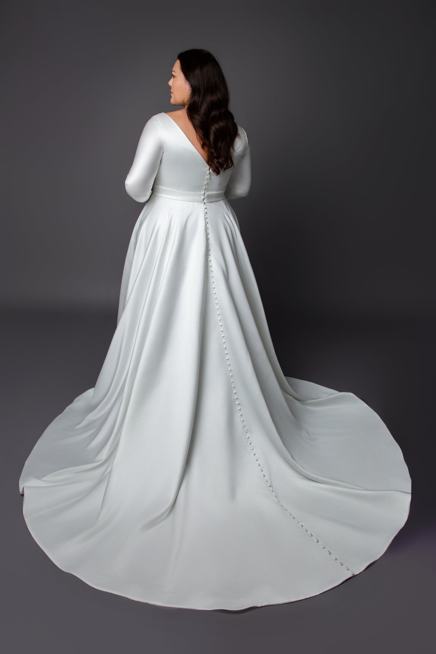 Satin Gown Pleating bodice wedding dress with long sleeves and full skirt